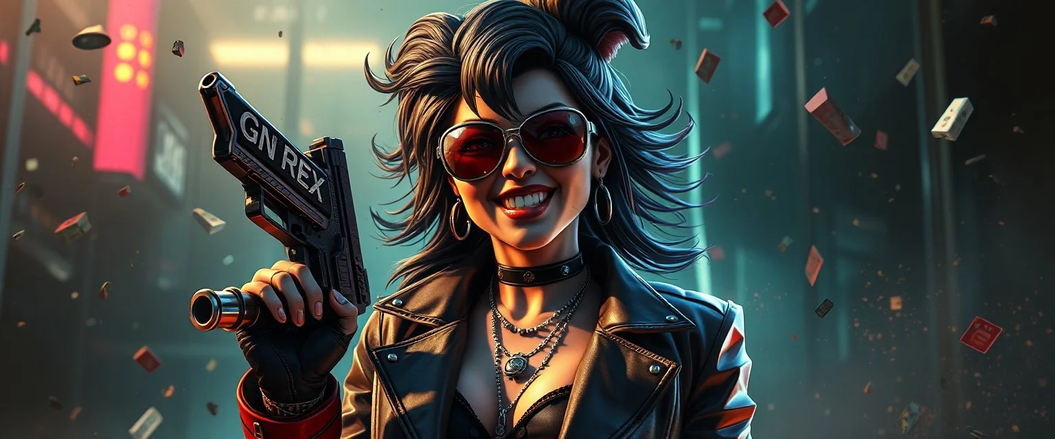 airbrush 3d rendering, mafia cyberpunk stylish lady dr smick Vex is now officially in stasis. No experiments. No clones. No accidental galaxy-ending breakthroughs. sci fi guns and rays, shattering glass background, flying debris, mad laughs, and pose