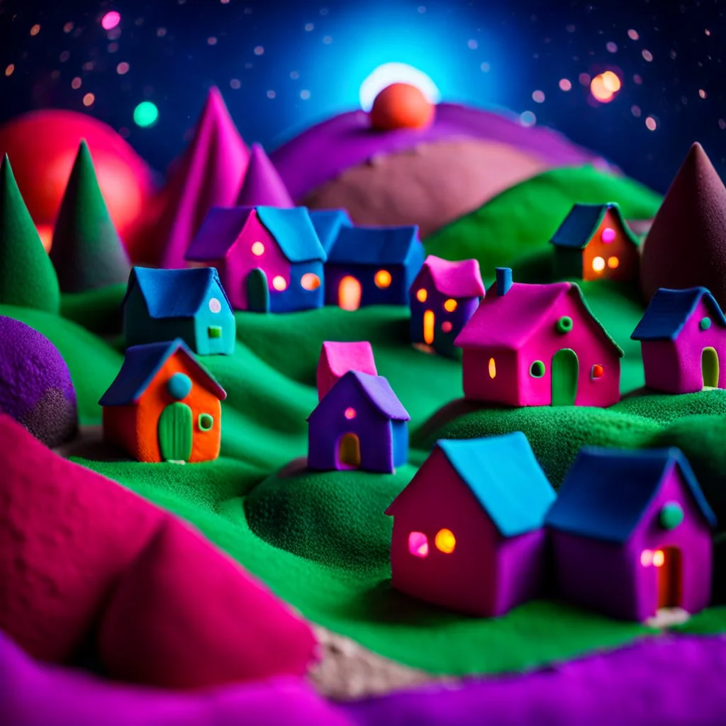 Odd dada village made of modeling clay, odd, block colours, houses, surreal landscape, sharp focus, colorful, stars and planets, bokeh, 8k, highly detailed, large format film, medium format film, shot on Hasselblad