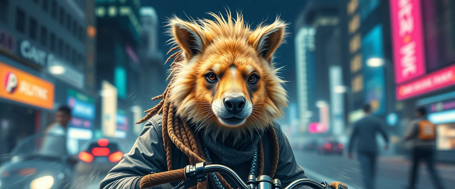 wall poster of transparent biker weasel rasta man with cute fur, in big cyberpunk city crossover, volume light and motion blur, airbrush and pen outline
