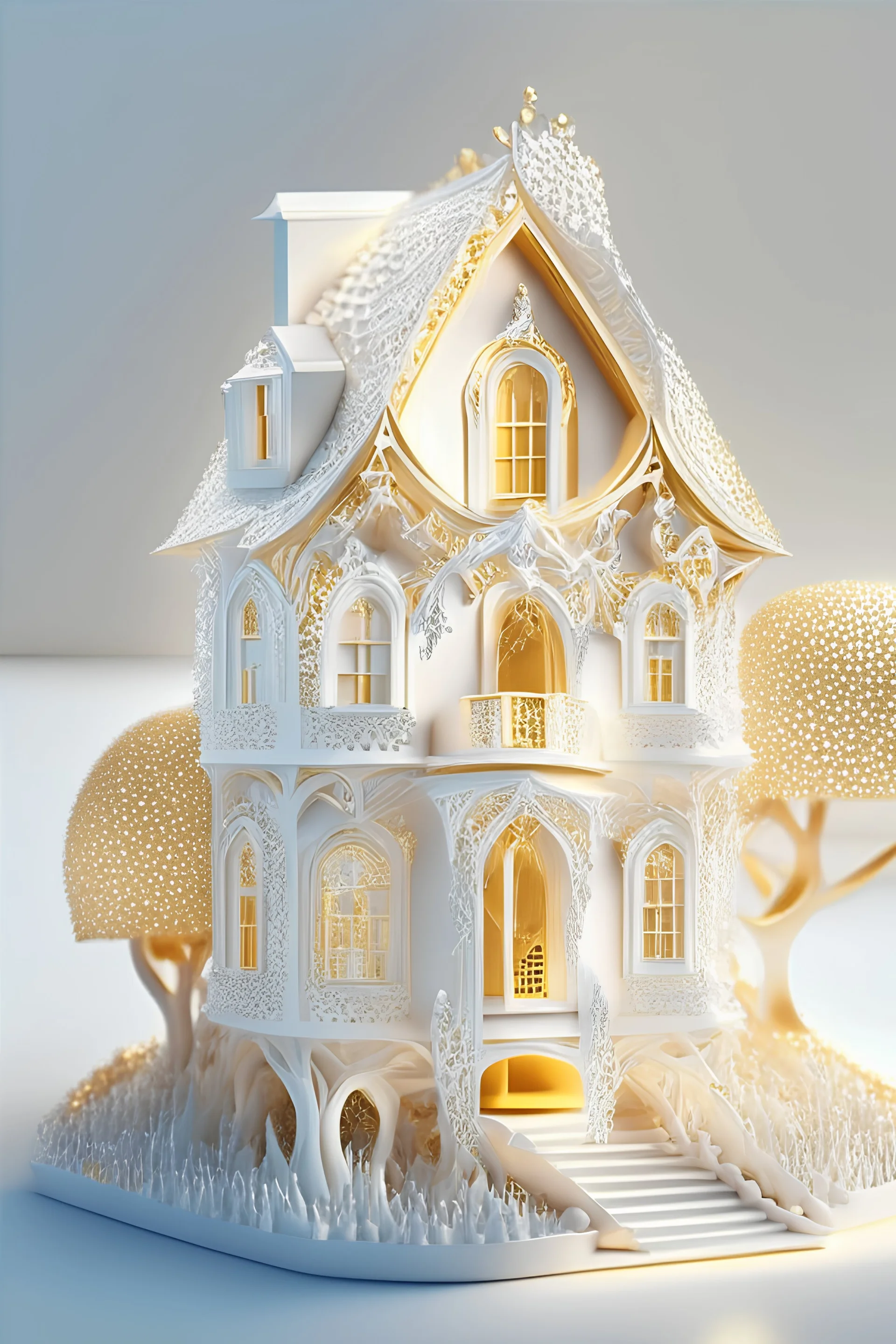 A three-dimensional miniature house, a mixture of white and gold, a fantasy, a wonderful picture full of details, a high-quality house on which beautiful sunlight falls