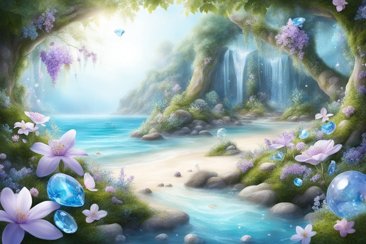 enchanted forest in spring with bright little flowers and little gems and crystals with a crystalline sea and beach