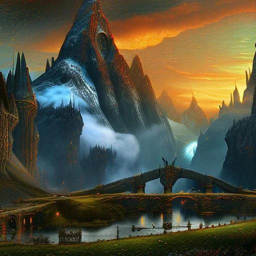 Epic Drawing of mordor scenery with Orcs of The Hobbit estilo Van Gogh 4k