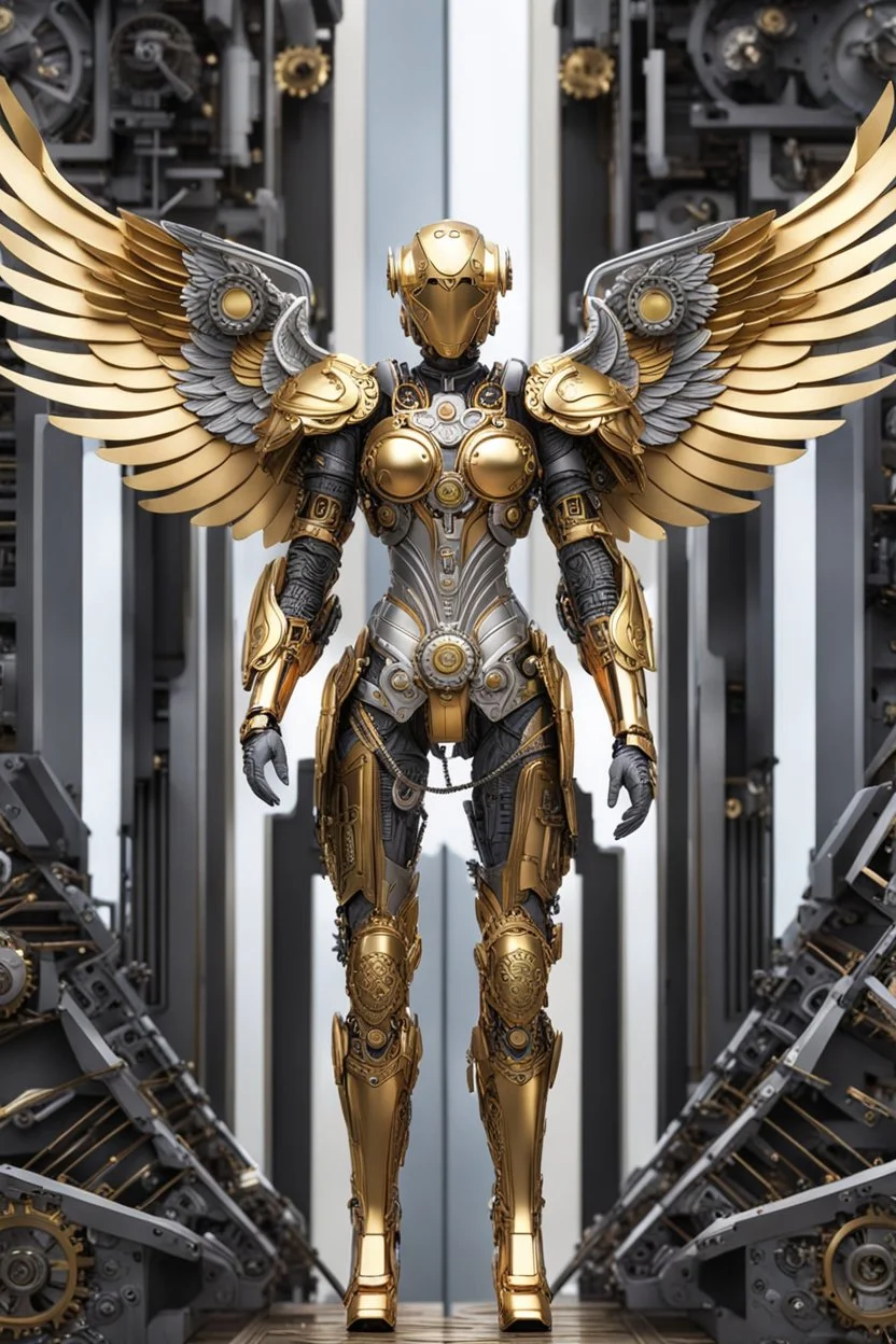 Angel cyborg straddle wings, detailed, intricate, mechanical, gears cogs cables wires circuits, gold silver chrome copper