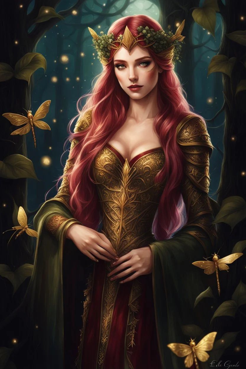 Burgundy hair, dark hair,dark red , rapunzel hair,very long hair,dark fairy princess,elven crown,night,dragonflies,beautiful,ong ashes,golden armor ,sparkle,night blooming,ivy,dark green,lilly of valley,golden elven crown,elven warrior,dark gold armor