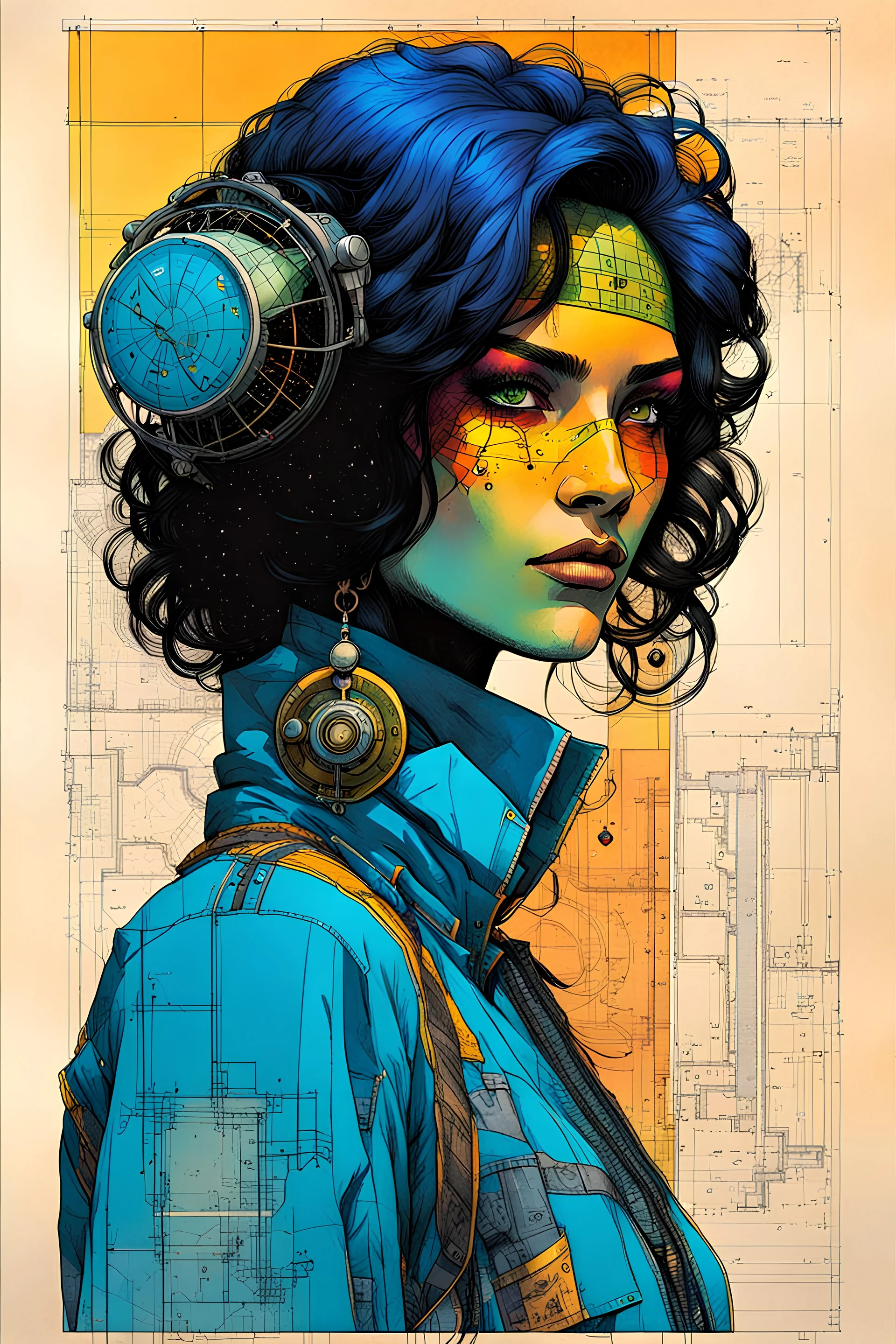 Hand drawn technical,full body portrait illustration , with detailed blueprints and engineering schematics of a walking Madagascan sunset moth insect girl, in the comic book art style of BILL SIENKIEWICZ and JEAN GIRAUD MOEBIUS, with highly detailed facial features, drawings, and technical notation, 8k, vibrant natural colors