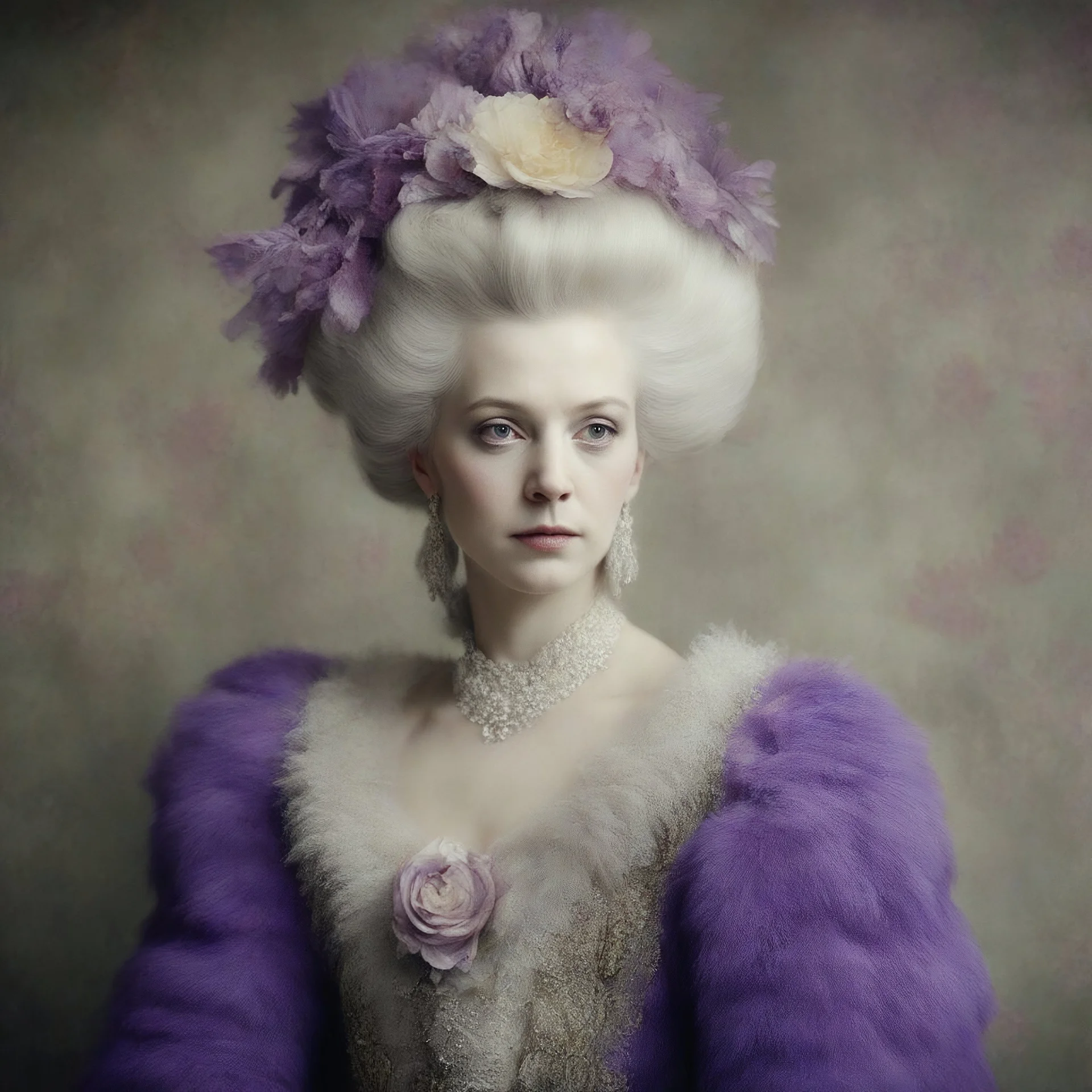 Marie-Antoinette,purple fur, flowered wallpaper, old autochrome