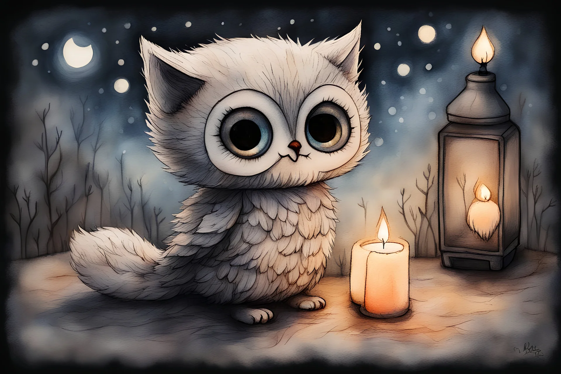 so much fluff, painted and burned burlap, moonlight, cute chibi kitten and owl, styles of Paul Klee Dee Nickerson and Tim Burton, melting watercolor and black ink outlines on wet paper, soft, shading strokes, in candlelight, ethereal, otherwordly, cinematic postprocessing, bokeh, dof, S<AI