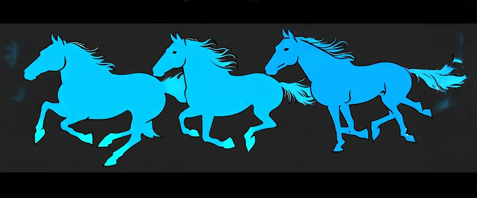 silhouette of 3 different horses running, blue on black vector