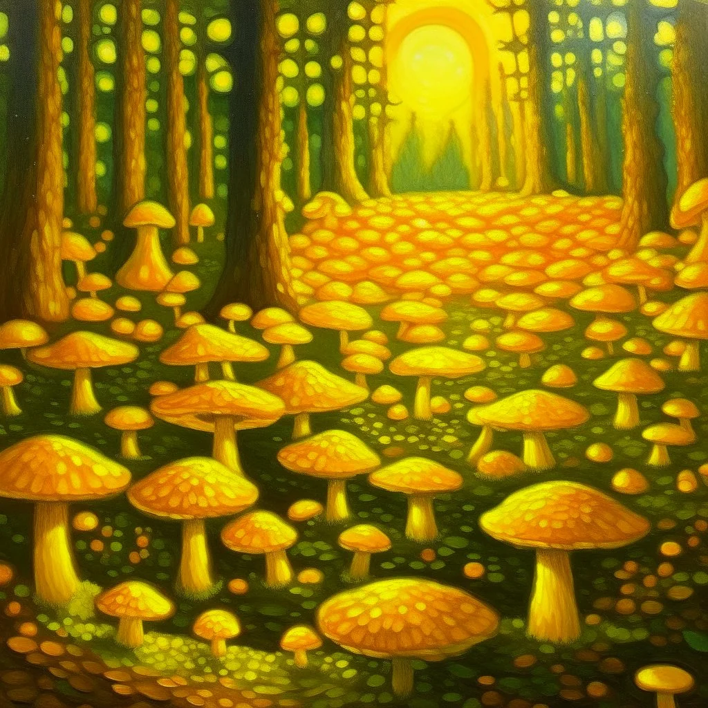 A glowing yellow mushroom forest painted by Georges Seurat