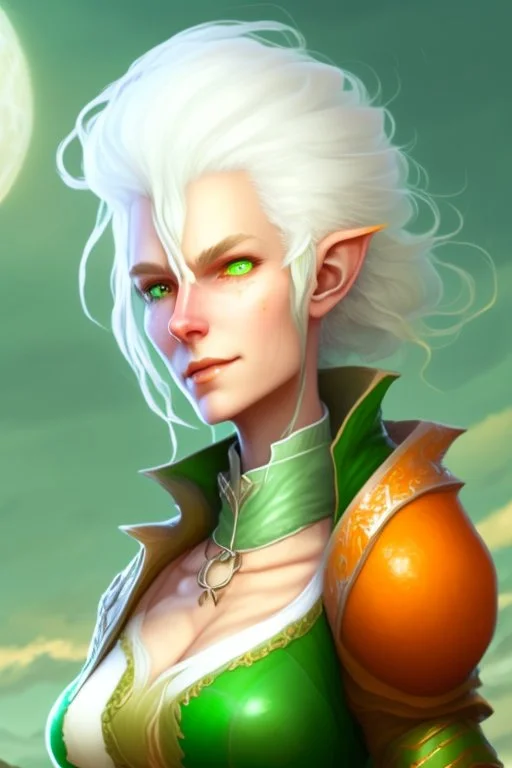 fantasy setting, woman with orange and white hair, white hair, green eyes, tall and frail, kind, soft facial traits