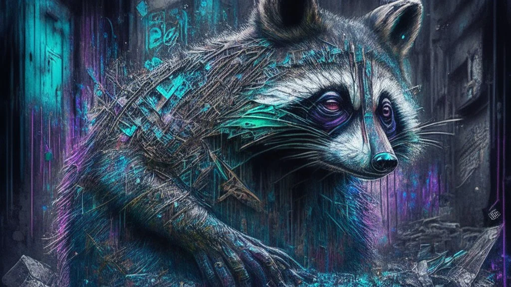 Graffiti trash panda; neo-surrealism dystopian eldritch elegant fantastical intricate hyperdetailed holographic magnificent meticulous mysterious ominous