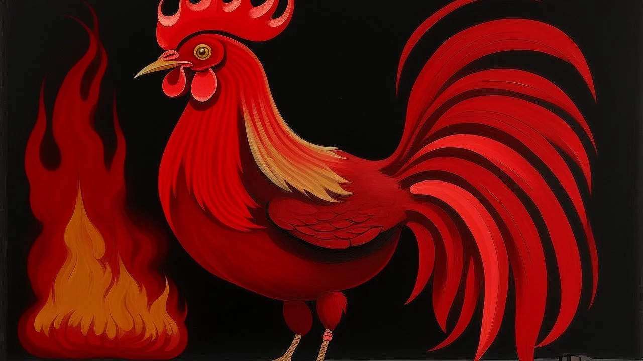 A dark red fire elemental rooster painted by John Brack