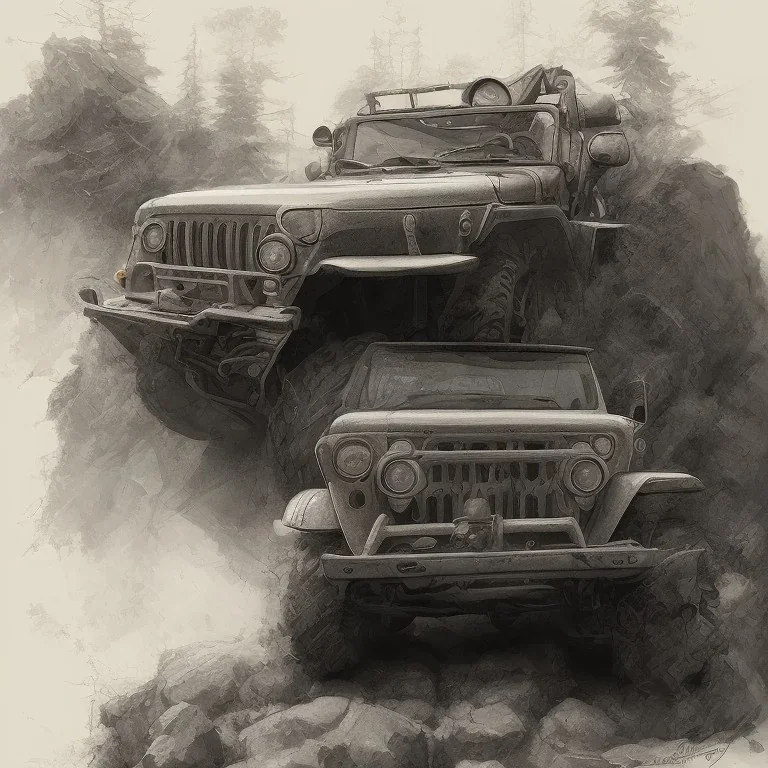 technical concept study, pencil sketch, sigle, inspired from Vintage Jeep Toyota 4x4