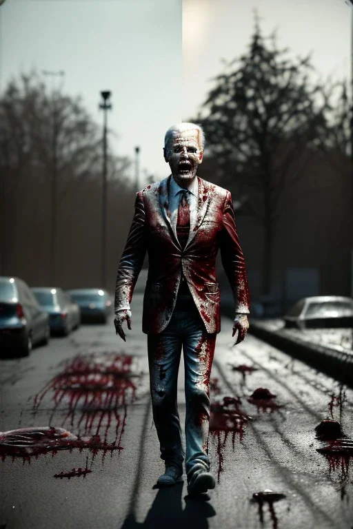 Ultra realistic image, joe biden zombie, zombie performance, blood, torn arm, night, walking twisted, waist up view, walking dead style, dark ambient, highly detailed, sky background, concept art, unreal engine 5, god rays, ray tracing, RTX, lumen lighting, ultra detail, volumetric lighting, 3d, finely drawn, high definition, high resolution.