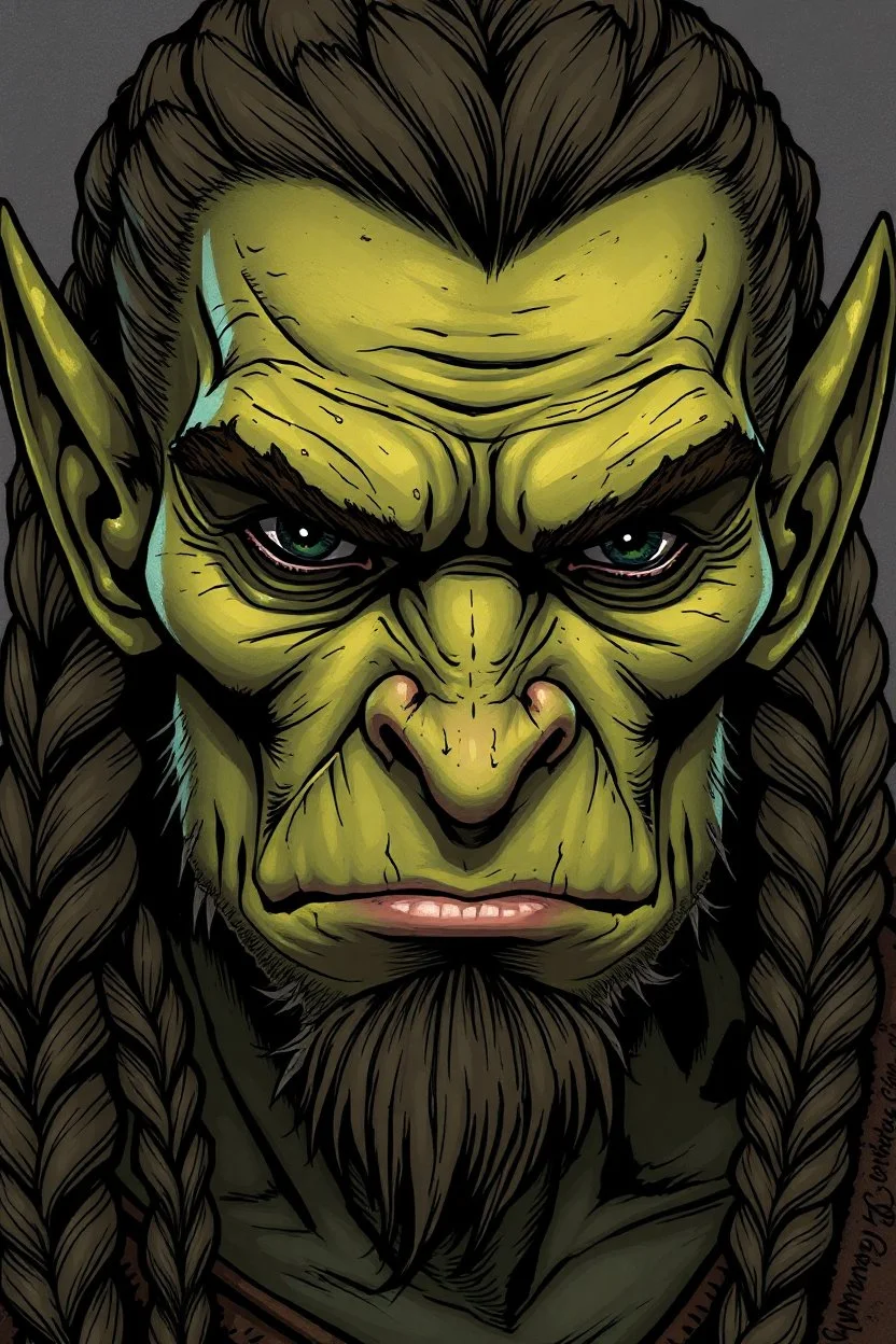 highly detailed dungeons and dragons character portrait of the face of a handsome young male half Orc , tall, slender humanoid with rough, leathery skin and bright black eyes, sunken deeply in their orbits, long and angular skull with small, highly placed flat nose, and ears that are pointed. Highly detailed hair long hair in braids in the comic art style of Bill Sienkiewicz, Mike Mignola, and Jean-Giraud Moebius