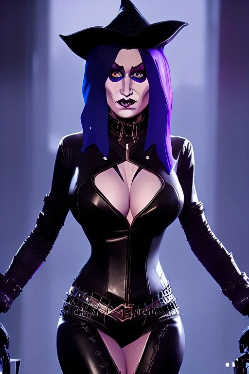 Evil witch dolly parton dressed in shiny black leather, frank miller sin city, busty, cleavage, volumetric lighting, particales,highly detailed,cinematic, deep colours,8