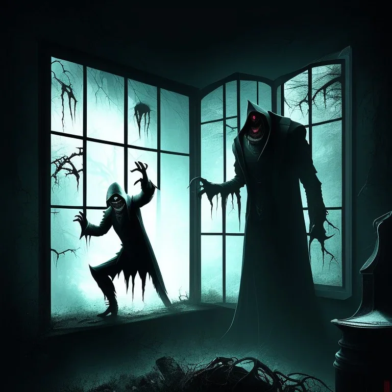 Creepy Dark black figure scratching a window,horror , dark fantasy