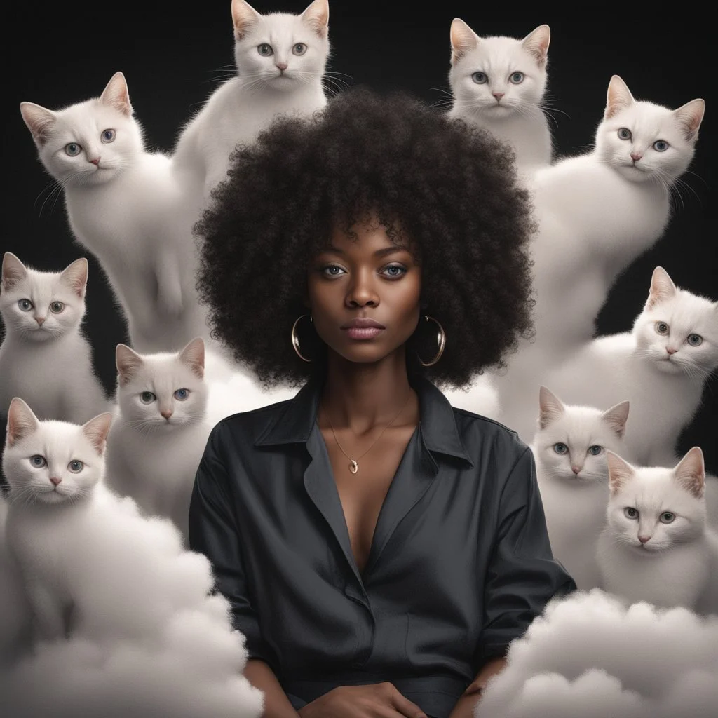 Portrait of black woman with curly hair sitting in room full of clouds and fluffy kittens