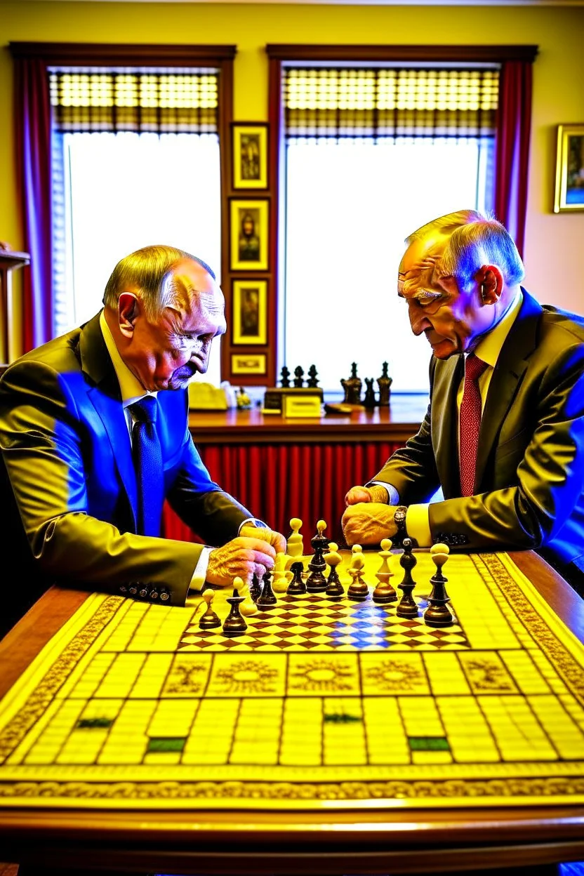 Vladimir Poutine playing chess with Zelinynski. A map of ukraine is burning on