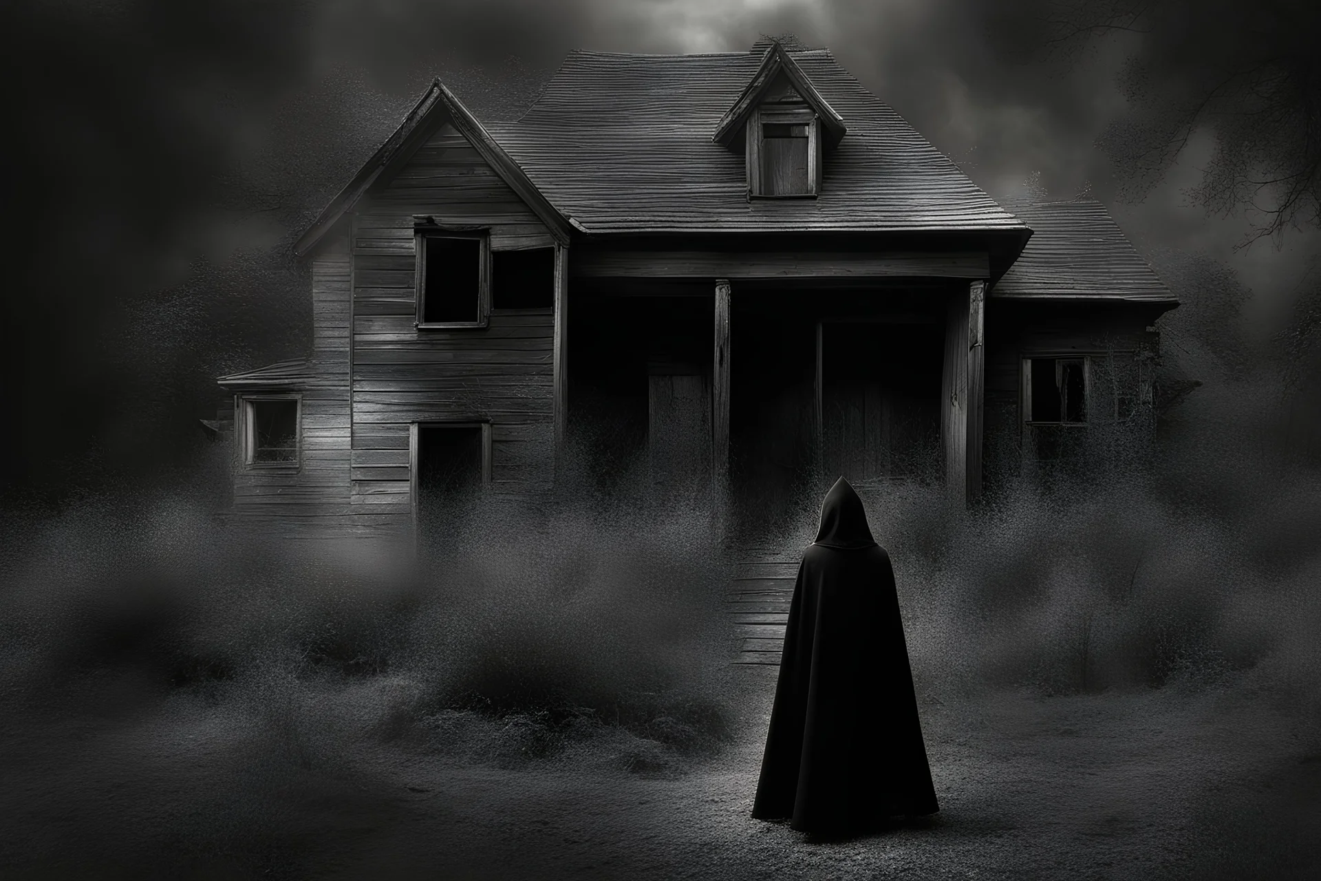 fantasy, black and white, surrealist, high contrast, ambient mystery, a woman with cape and hood is outdoor, a woman old wood house and look through window inside house, close up window, inside house there is a light on, woman with her back to the camera