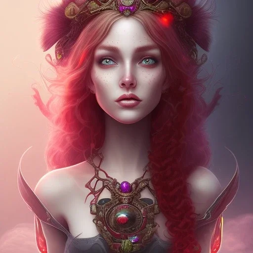 Fire witch, sweer looking, intimidating beauty, young, round face, pale blushing freckled skin, wild curly pink hair, red color eyes, wearing a pink witch hat, wearing a glowing pink and red crystal necklace