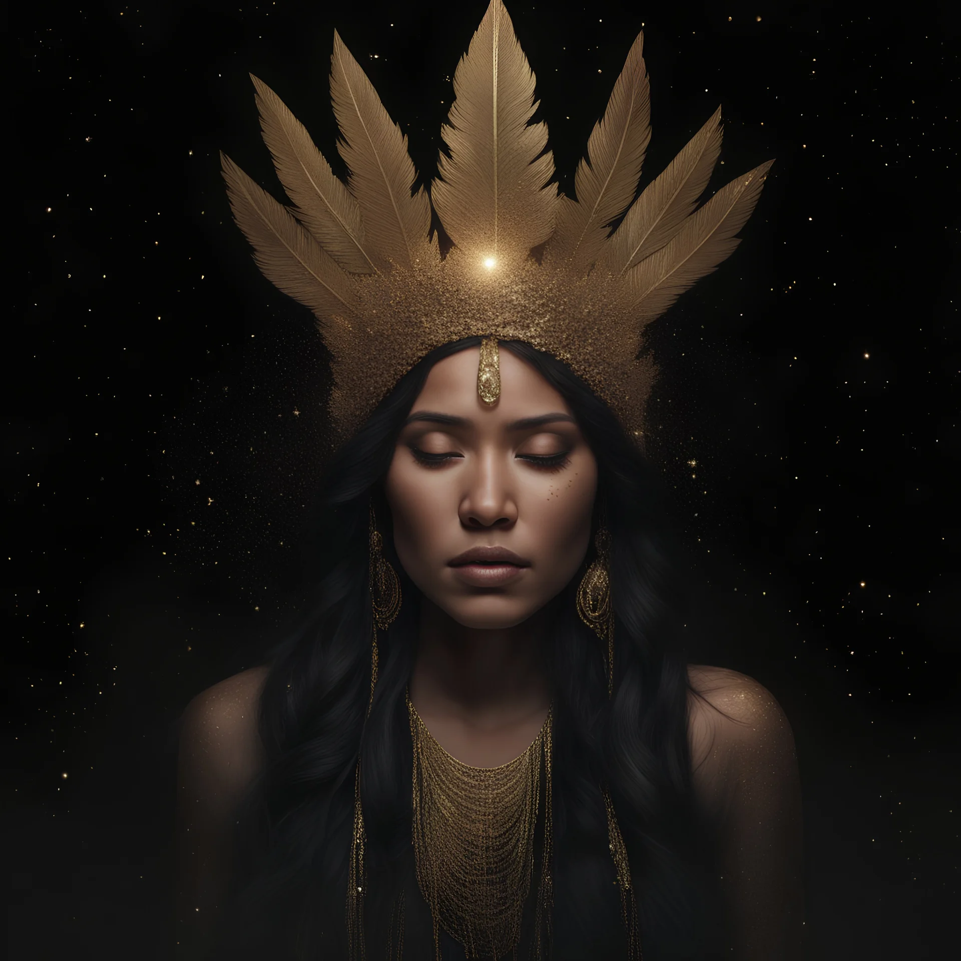 a portrait of a native american woman wearing a glittery, golden halo headpiece crown, and a black and gold, flowy, long-sleeved dress. She is crying golden, glittery tears, background is in outer space, filled with stars, forward facing, close shot, photorealistic art