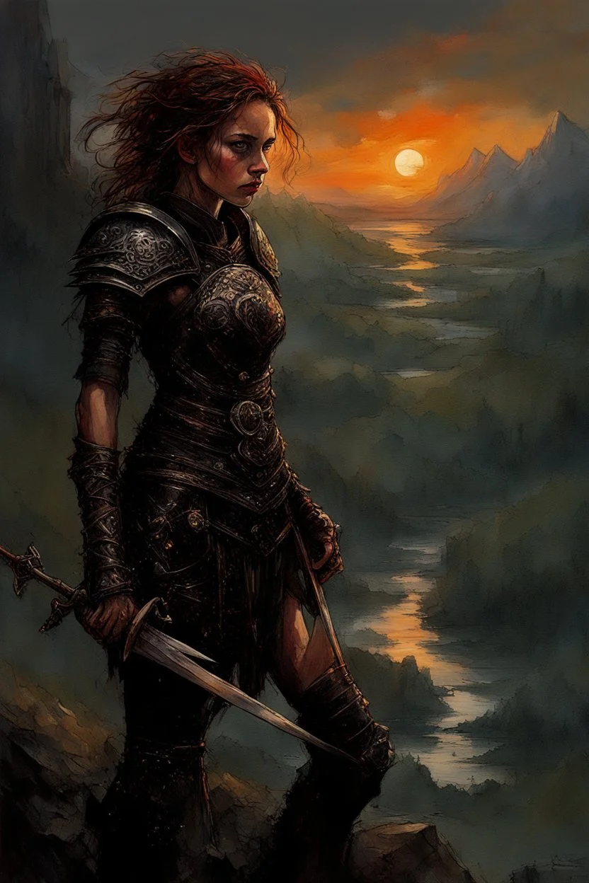 A formidable warrior girl in black armor, on the background Amazing gloomy landscape, flooded with sunset, mountains, trees, fabulous scary hero, , juicy emotions, painting, dark fantasy, gloomy day, dark world, portrait, Gothic Town At Night, Fantasy, Intricate Details, Castle Courtyard Gardens, Hyper Detailed, Jean Baptiste Monge, Carne Griffiths, Michael Garmash, Seb Mckinnon, Masterpiece