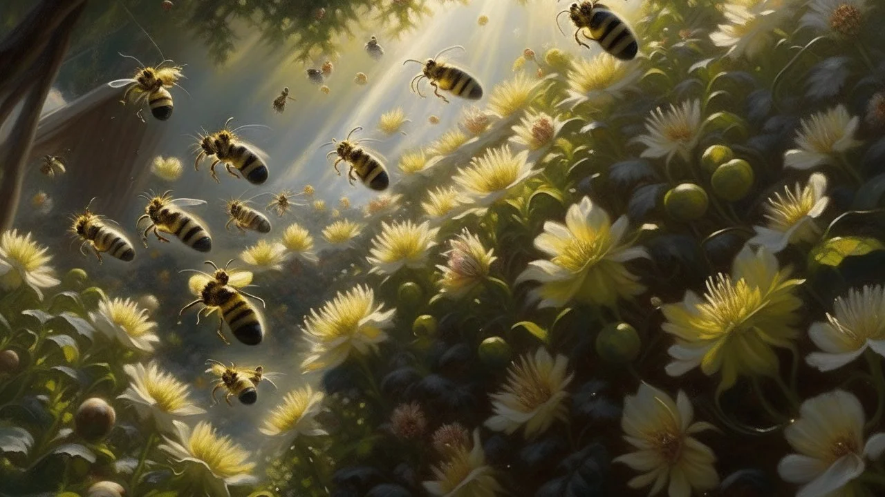 A hyper-realistic oil painting depicting a swarm of bees buzzing around a blooming flower garden, with a delicate bell hanging from a tree branch in the background, emitting a soft, melodic sound. The sunlight filters through the leaves, creating a dappled effect on the scene. The bees appear to be frozen in motion, their wings captured mid-flutter as they collect nectar from the flowers. The overall atmosphere is peaceful and tranquil, with a sense of harmony between nature and man-made objects