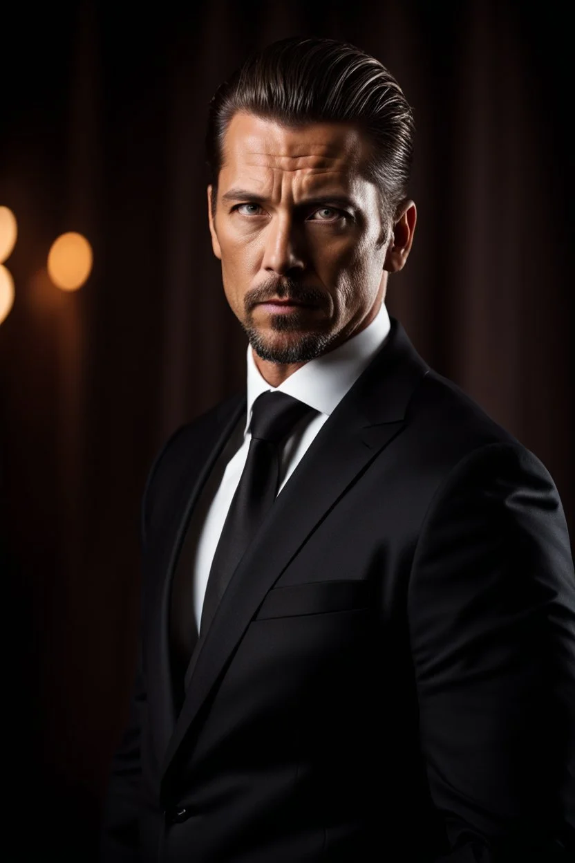 portrait of a 40 year old Handsome, smart gang boss with lightly tanned skin. medium length brown hair slicked back and a goatee beard. mean looking. wearing a dark suit. photorealistic