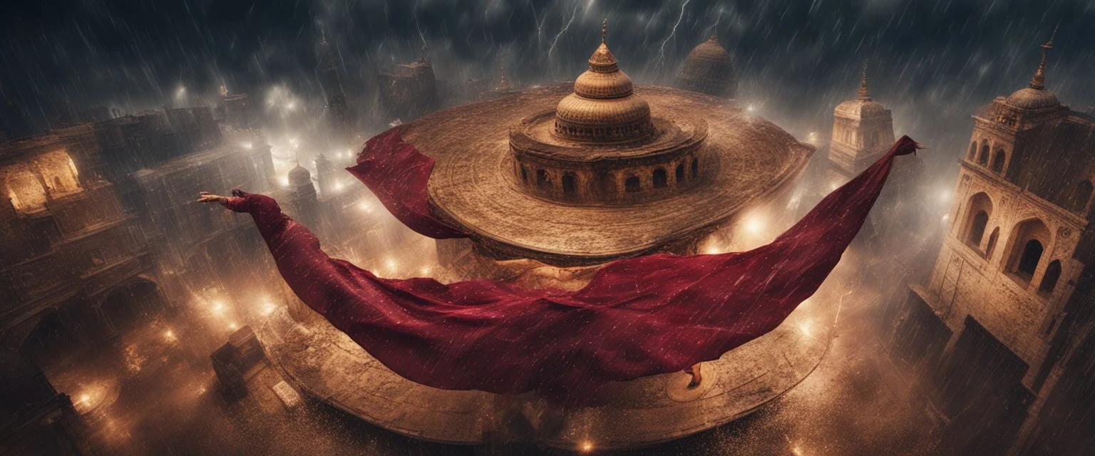 Hyper Realistic photographic-aerial-view Sufi Whirling with Golden & Maroon Islamic Sufi Rustic Grungy Background with thunderstorm at heavy rainy night outside an ancient Islamic architectural building showing dramatic & cinematic ambiance.