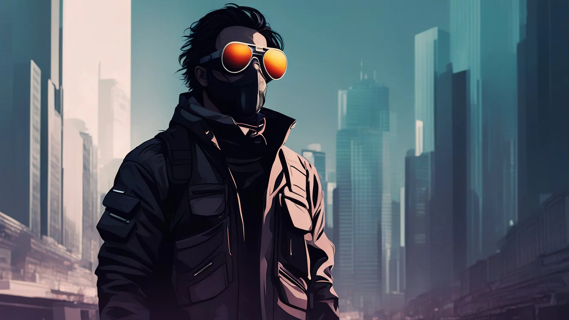 cinematic , man , with techwear , and half Futuristic face mask and sun glasses ,in a city, digital art style