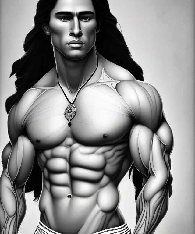 native american warrior, long black hair, big muscles, big half circular from shoulder to chest fabric piece