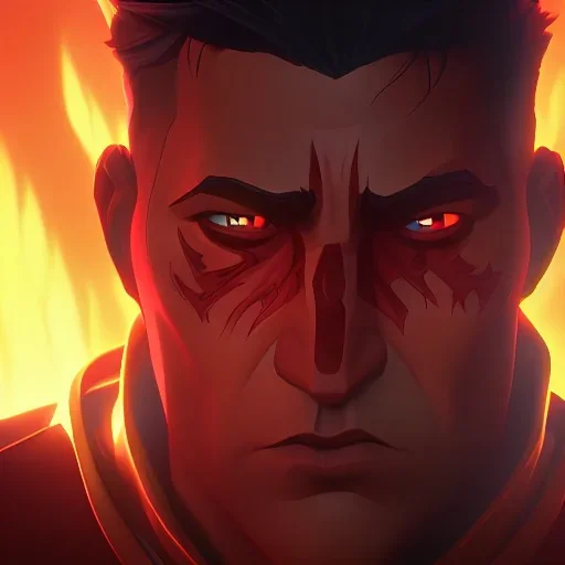 An image of an adult king, dark hair, red armor, surrounded by flames