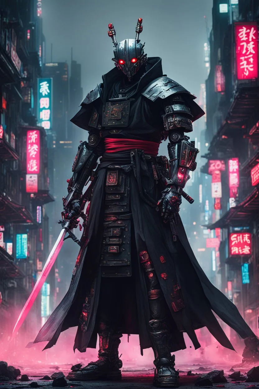 samurai robot in black cloak in a cyberpunk environment and big blood sword