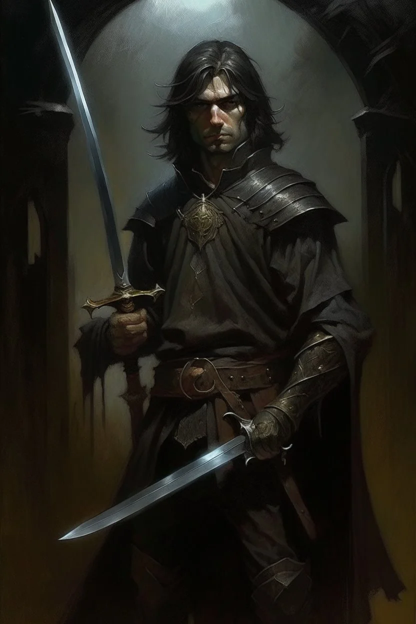 1970's dark fantasy cover dnd style oil painting of a sword hero with black outfit with minimalist far perspective.