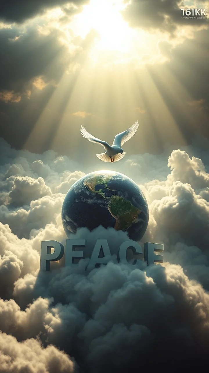 White Dove flying above swirling clouds, emerges from the heart of a raging storm. Turbulent winds of steam swirl around the iconic structure, lit by shafts of sunlight that cast dramatic shadows on the A large planet Earth hovering by over the clouds, another high planet waiting to collapse with planet earth, 3D word “PEACE “, High quality 16k cinematic scene and great photography