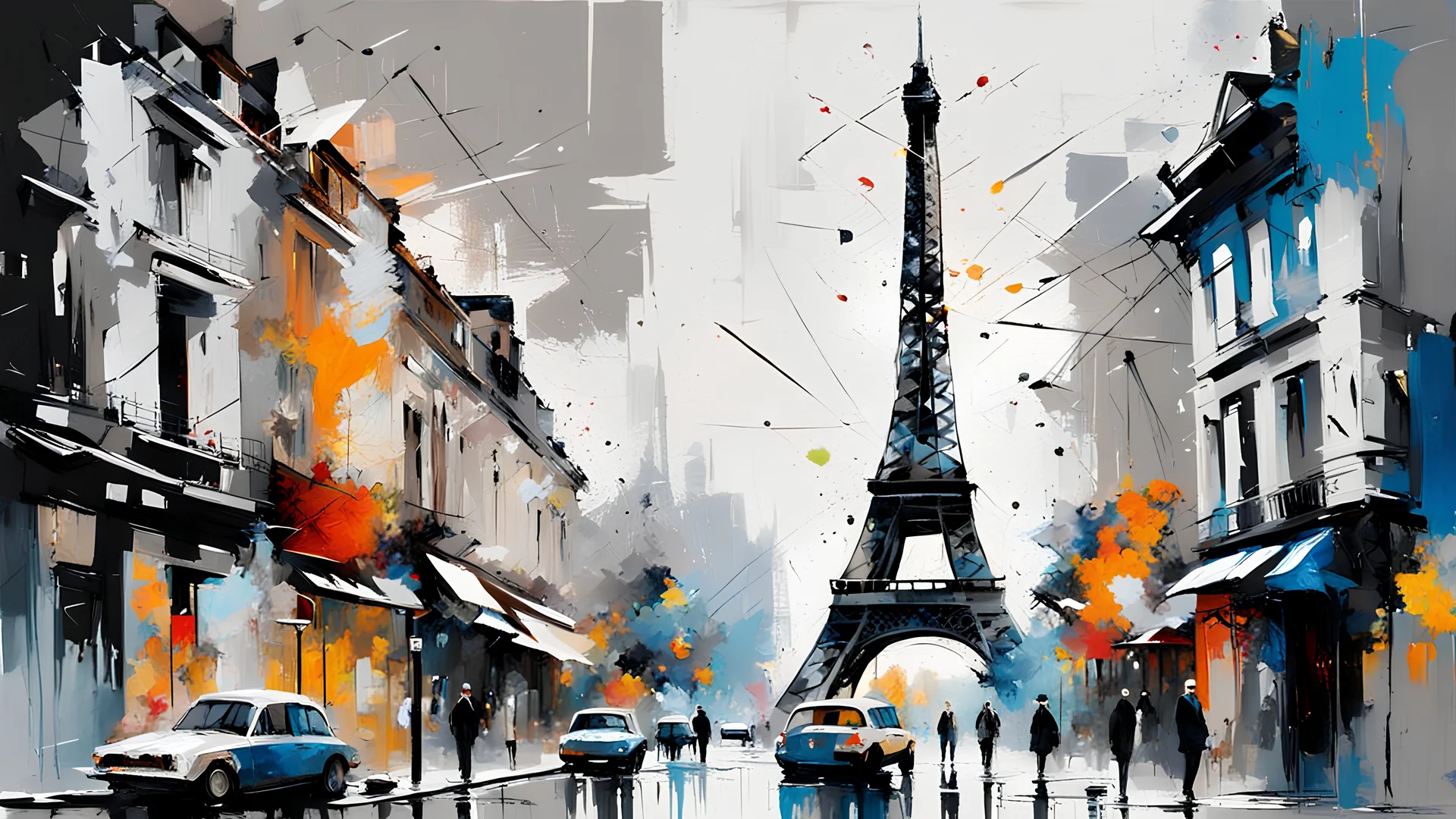 abstract oil painting: city Paris, Eifel tower , gray-black-white-blue colors New York. Willem Haenraets artistic style, Derek Gores, Highly Detailed, Afremov, colorful in Kal Gajoum style