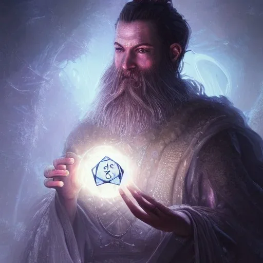 Insanely detailed photograph of an “D&D twilight cleric holding glowing D20” with intricate detailed beard, intricate clothing, hyperdetailed painting by Ismail Inceoglu Huang Guangjian and Dan Witz CGSociety ZBrush Central fantasy art album cover art,8K, hdr, mysterious, flickeringlights ,Stoic