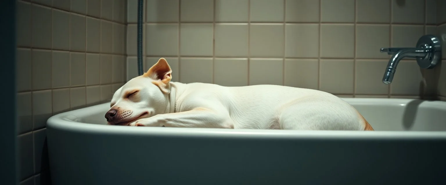albino hot dog sleeping in bathroom