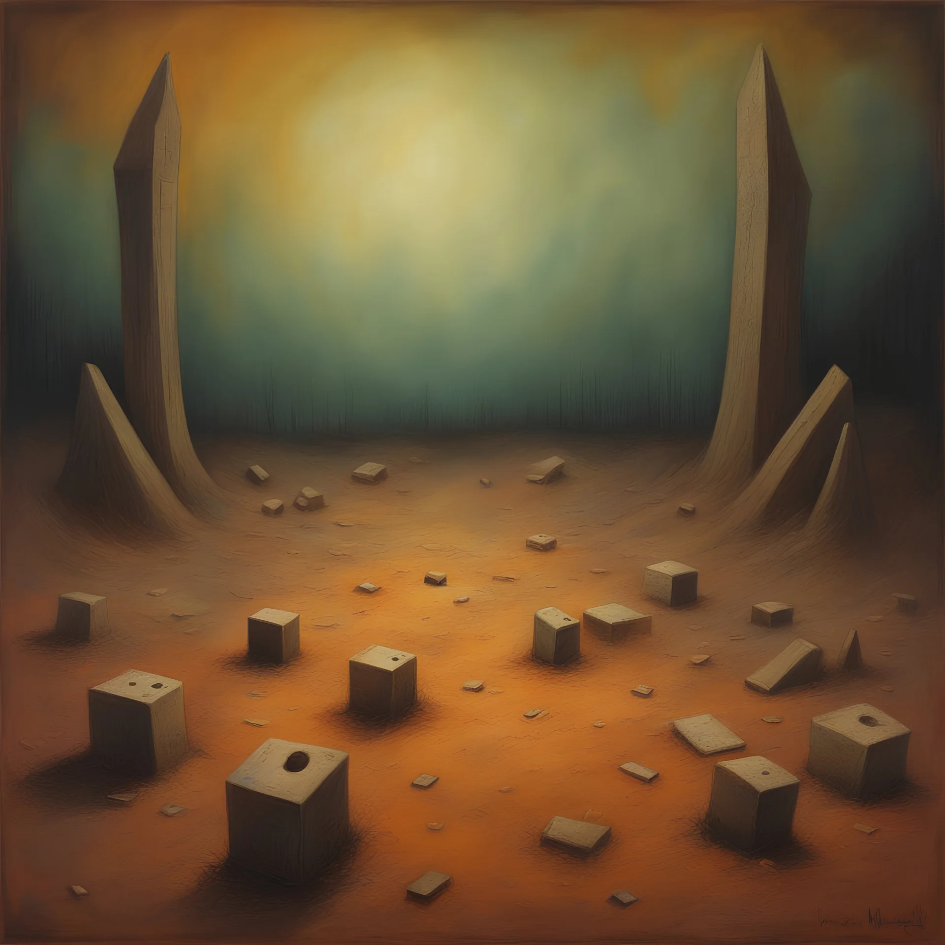 surreal abstract art, scattered remains of fear of being left alone, spiritual vertigo, weirdcore, max eerie, unsettling, by Matt Mahurin and Pawel Kuczynski and Tracy Adams and Jaume Capdevila, warm colors, matte oil paint, pentimento