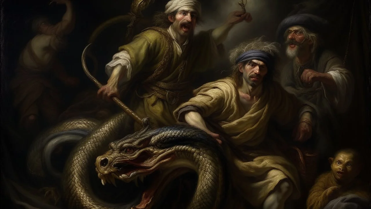 Oil painting in the style of Rembrandt, featuring a wounded Balder being carried in a basket by his brothers, with a basilisk lurking in the background. The use of bandages symbolizes Balder's vulnerability and the danger he faces from the mythical creature. Intricate details and realistic lighting bring this scene to life, inspired by classical mythology and Renaissance art.