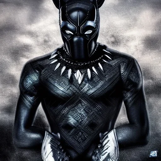 Fantasy, Nigeria rapper olamide badoo as black panther, heroic, award winning, insanely detailed, sunlit, realistic, ocean,acrylic paint, 8k resolution, hdr, trident