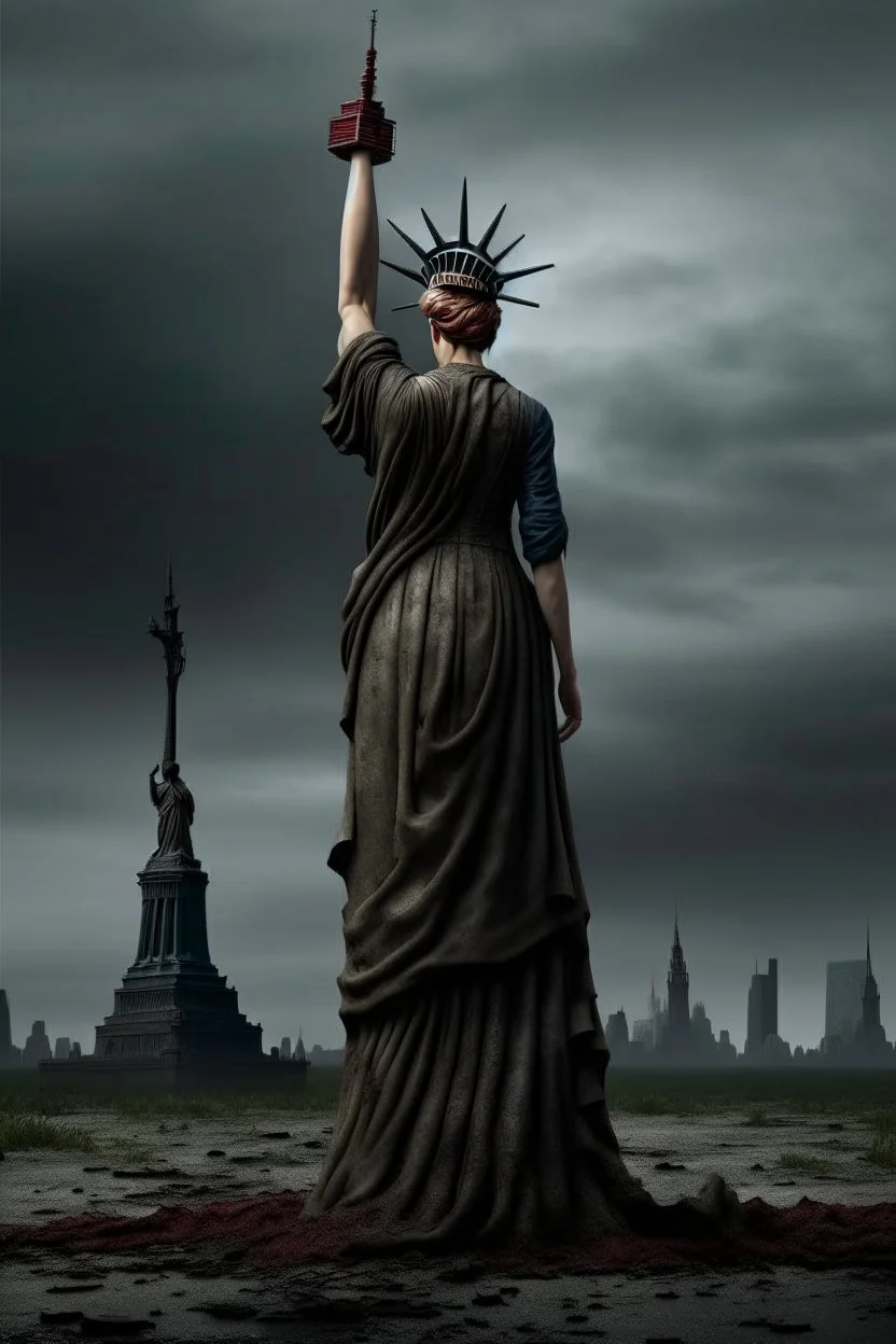 the statue of liberty, dress dirty and torn, her face solemn and terse, her head drooped low, shoulders slumped, trash littered at her feet, she holdsa crumpled american flag as she walks away, back to the viewer, under a dark and dreary sky
