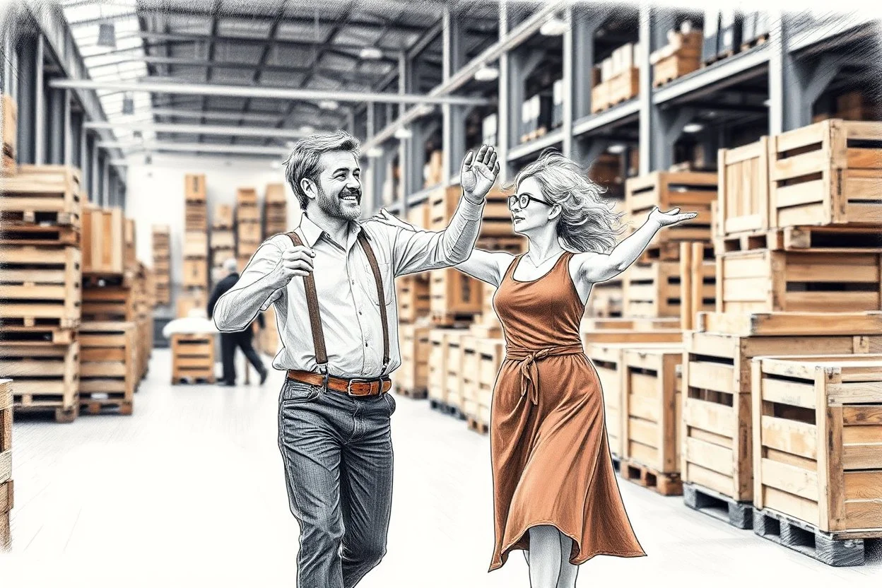 workers dancing in a industry factory with lot of wooden crates , a drawing with sketch lead pencil, no beards and light hair