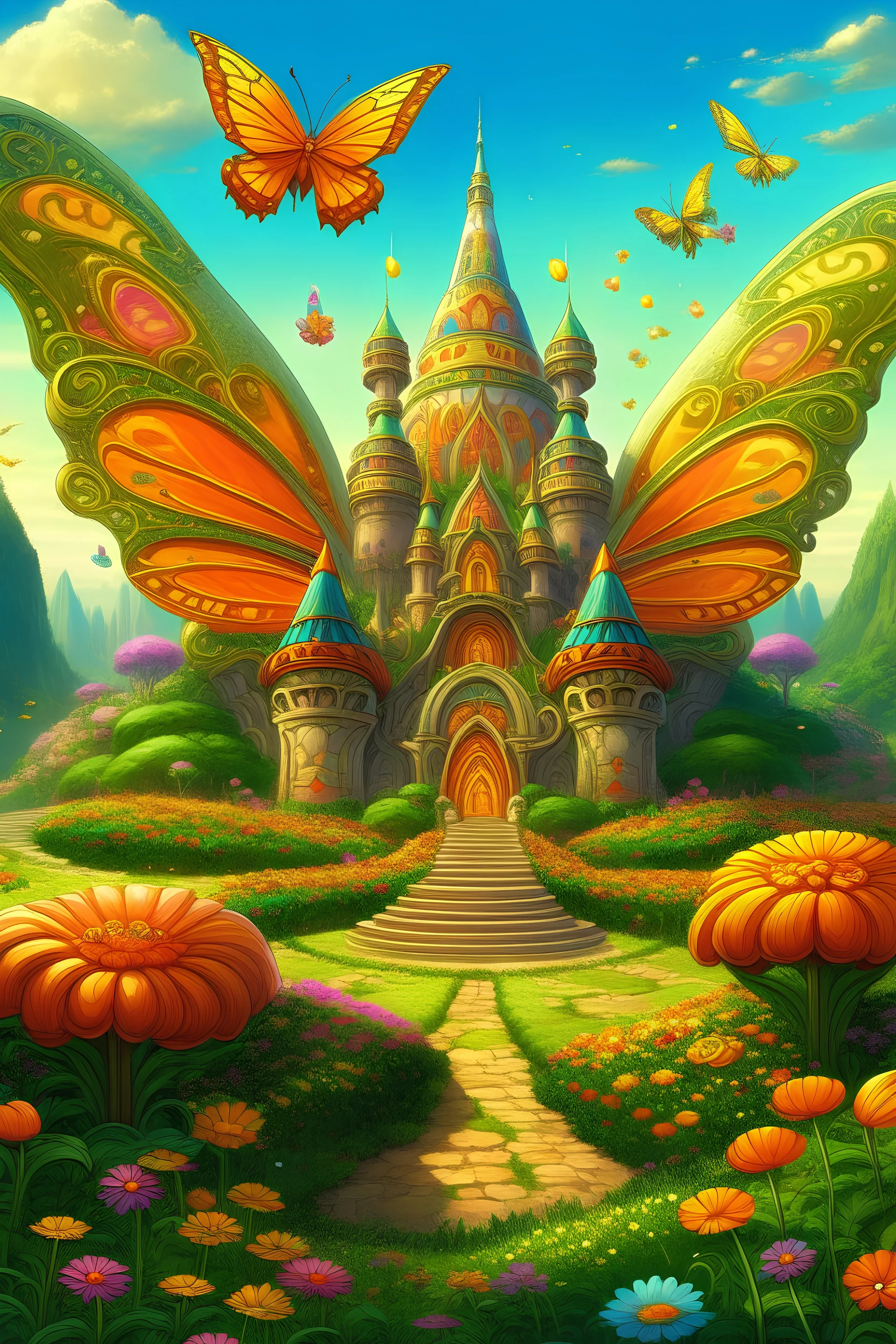 after entering at the green lawn of the palace , unicron sees many butterfies and fowers are there. Generate an outliner image for 3 years old children ebook