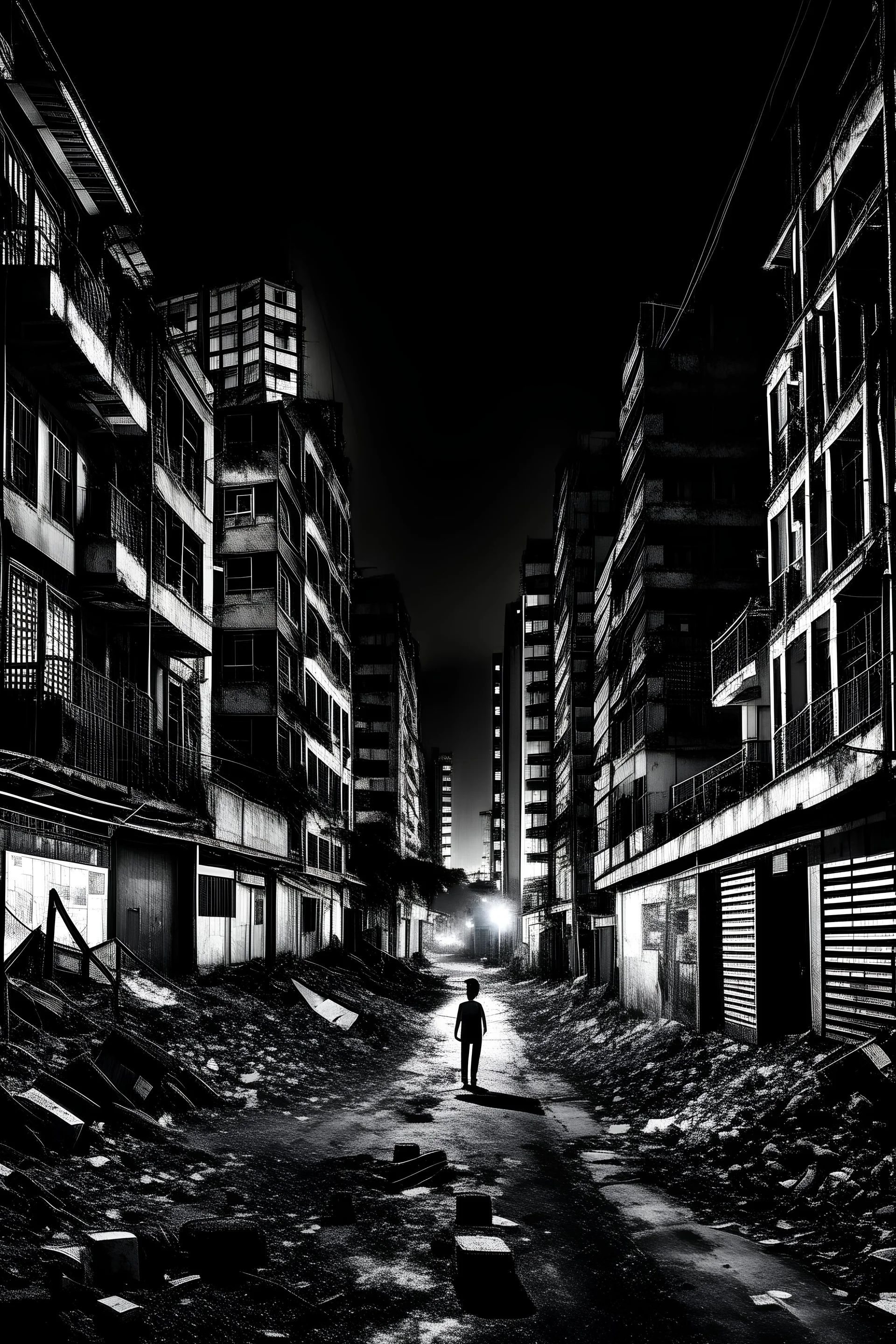 In the dark night of São Paulo, a decadent and desolate metropolis. Ruined buildings, dirty and deserted streets. Threatening figures in the shadows, fear in the air. As an artist, your challenge is to portray all this sadness and decadence in a black and white work of art.