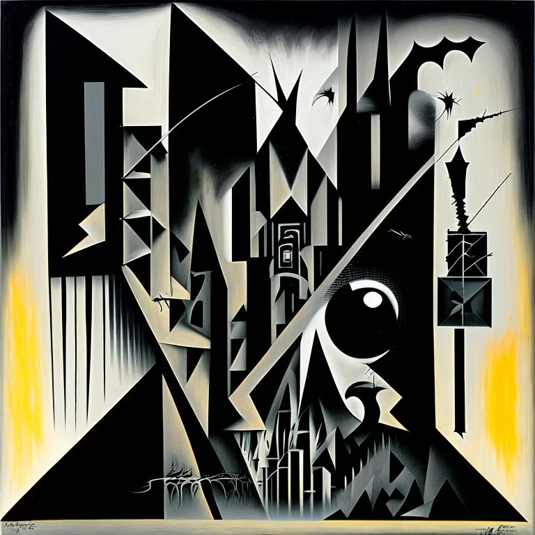 futuristic mix of constructivism and surrealism. Abstract art masterpiece by Ray Johnson and Colin McCahon and Phlegm, depicting the concept of nyctophobia (fear of the dark). The surreal illustration is a mind-bending, asymmetric composition burning features and dark silhouettes evoking a sense of fear and unease. The 2D futuristic artwork showcases a unique blend of precise geometric shapes and straight lines.