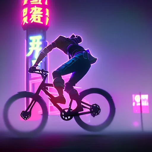 photo of a ninja riding a bike; in an alternate universe in tokyo; cyberpunk; realistic; rain; neon signs