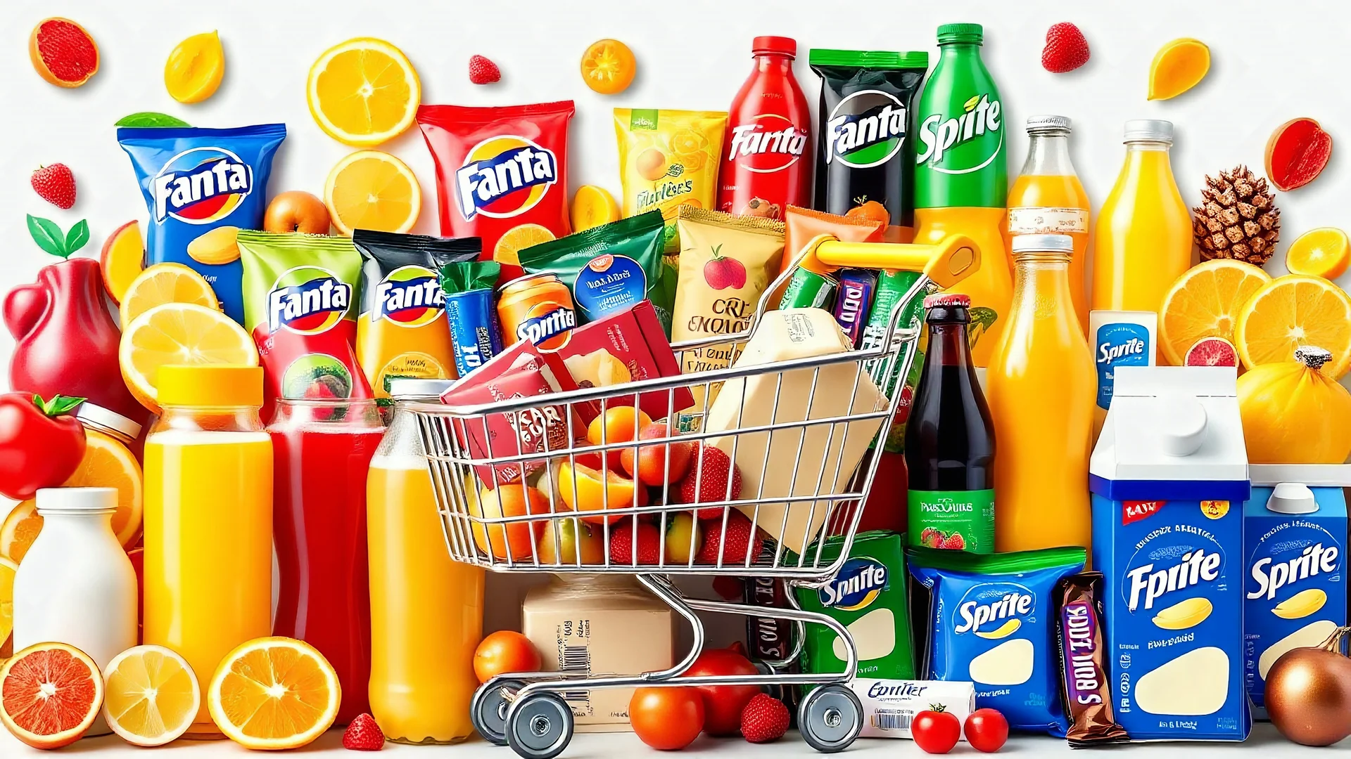 A design filled with various fruit juices, various chips, various types of Fanta, Coca-Cola, Sprite, various famous chocolates, a full shopping cart, packaged cheeses, butter, and pasteurized milk, in cheerful, vibrant, and eye-catching colors.