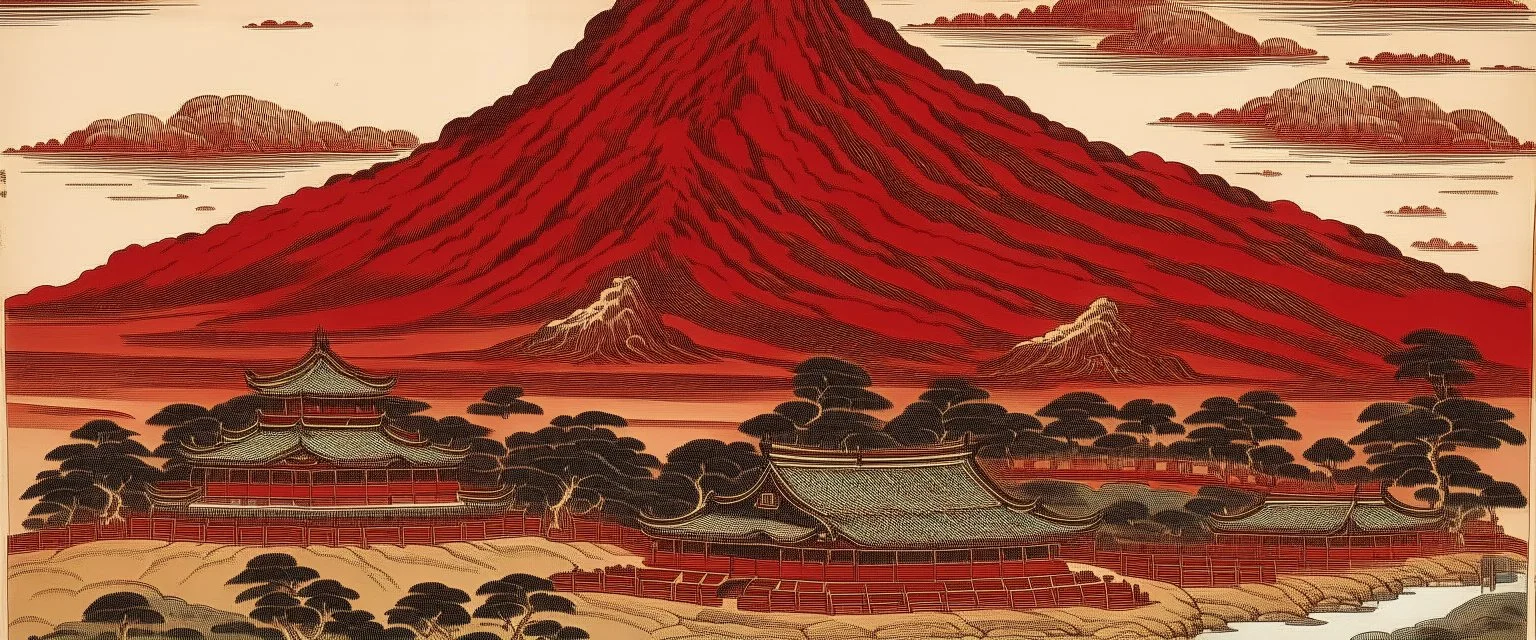 A dark red palace near a volcano painted by Katsushika Hokusai